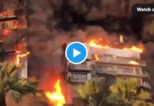 Ein Großbrand wütet in einem 14 Stockigen Wohnhaus in Valencia