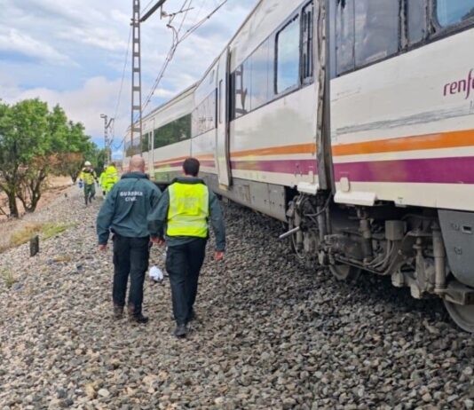 Fünf verletzte als ein Zug in Albacete entgleist nachdem er mit einem Baum kollidiert ist der aufgrund schwerer Stürme auf die Gleise gefallen ist