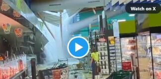 Das Dach eines Mercadona Supermarktes in Ontinyent (Valencia) stürzt durch starke Regenfälle ein und zwingt 300 Menschen zur Evakuierung