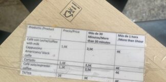 Die Preisliste eines Coffeeshops in Barcelona, die je nach Sitzdauer variiert